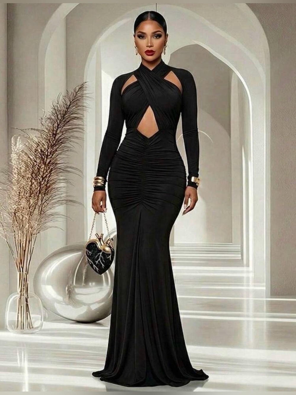 Elegant Black Cutout Long-Sleeve Dress